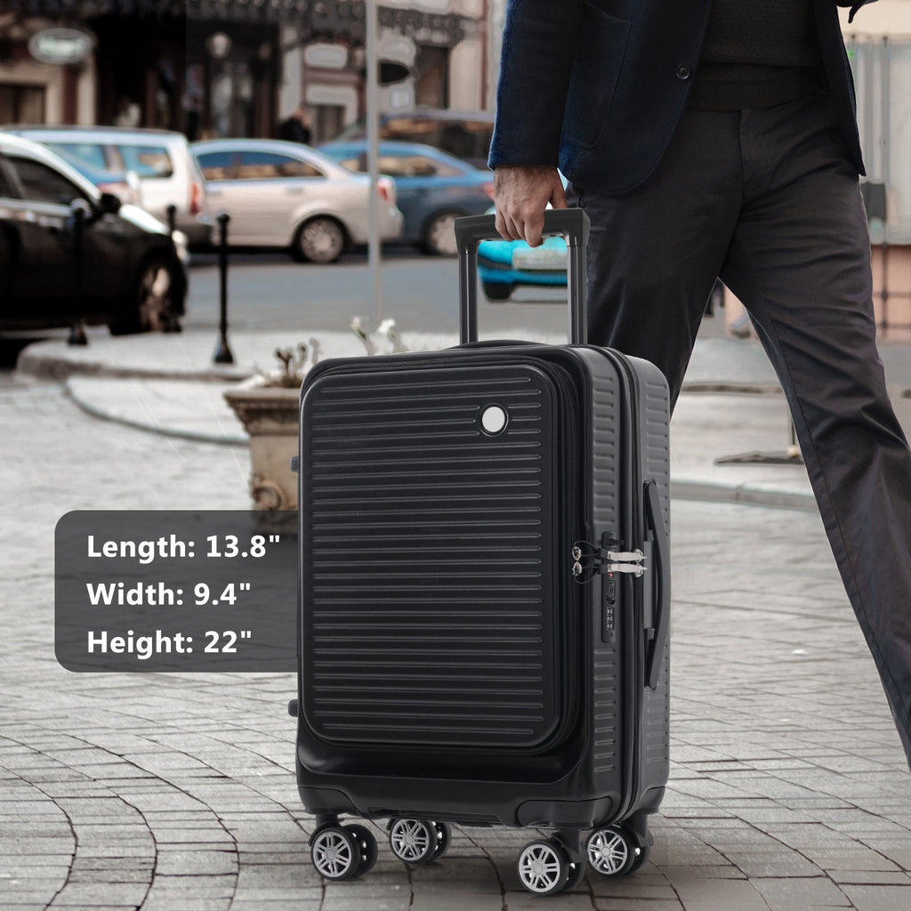 Carry-on Luggage 20 Inch Front Open Luggage Lightweight Suitcase with Front Pocket and USB Port, 1 Portable Carrying Case Black