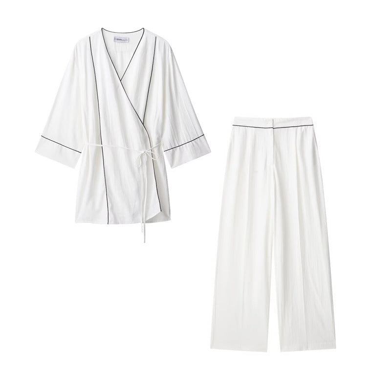 Style Women's Fashion Casual Rolled Edge Double-Breasted Jacket Wide Leg Pants