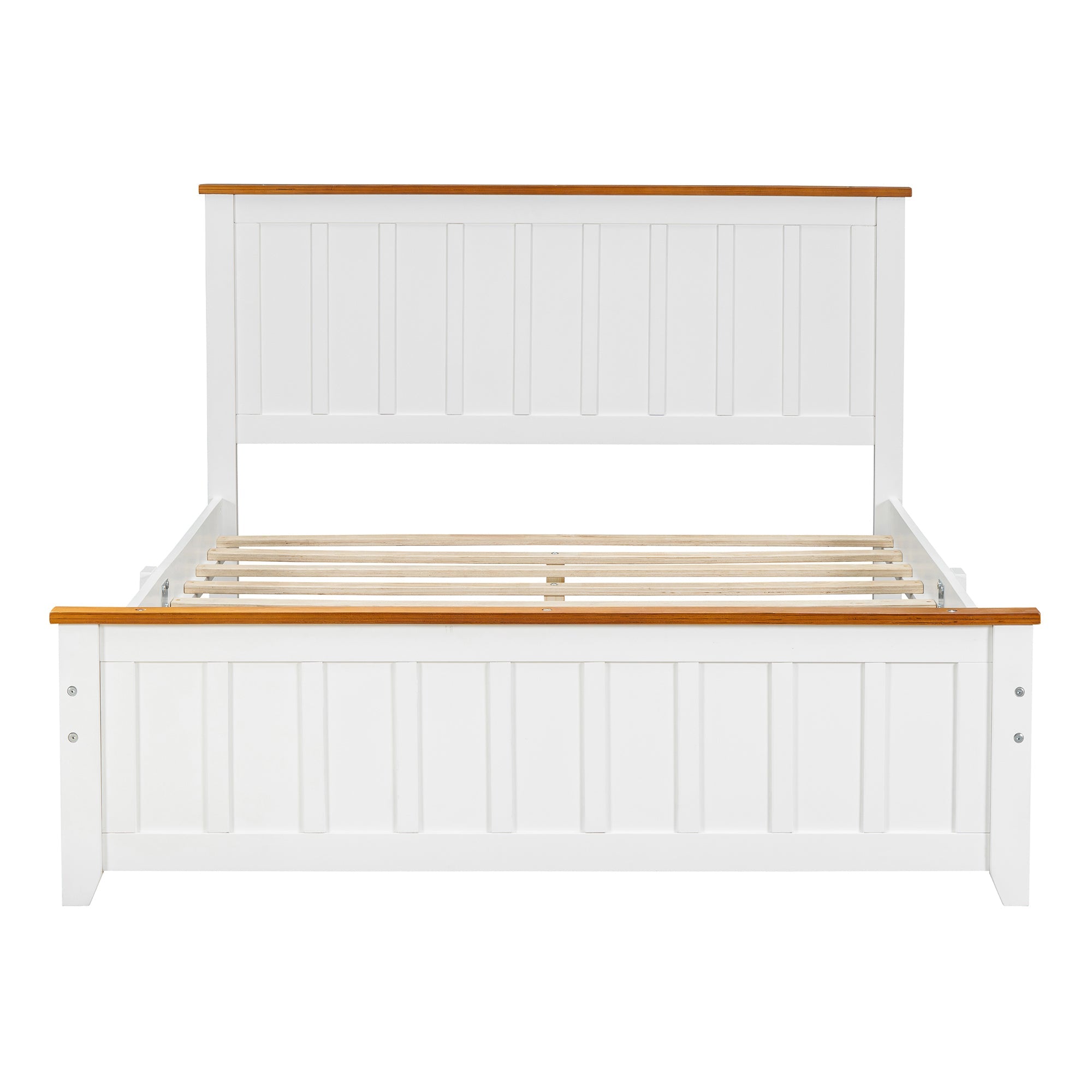 Full Size Wood Platform Bed Wooden Slat Support, Vintage Simple Bed Frame with Rectangular Headboard and Footboard, White
