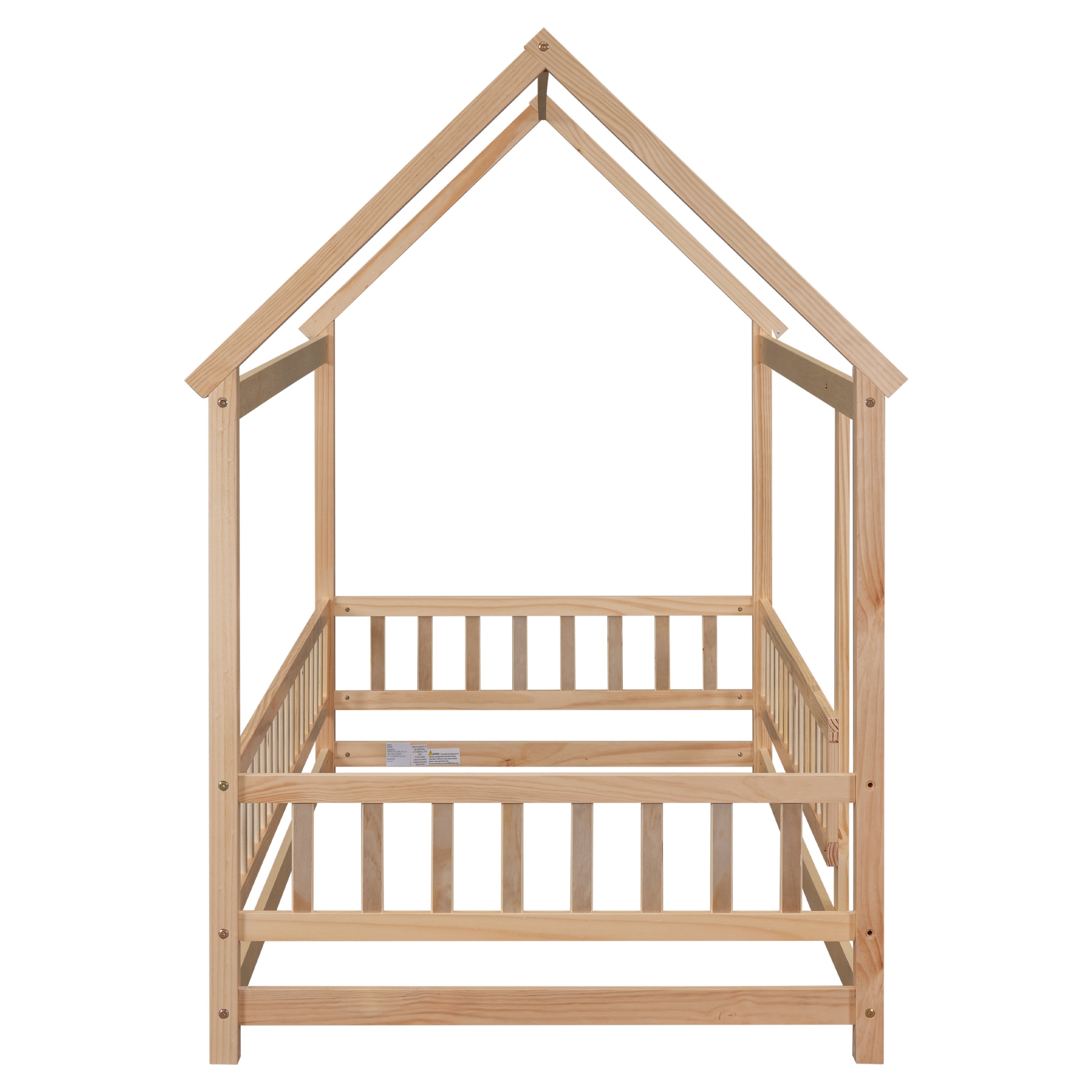 Twin Size Floor Wooden Bed with House Roof Frame, Fence Guardrails