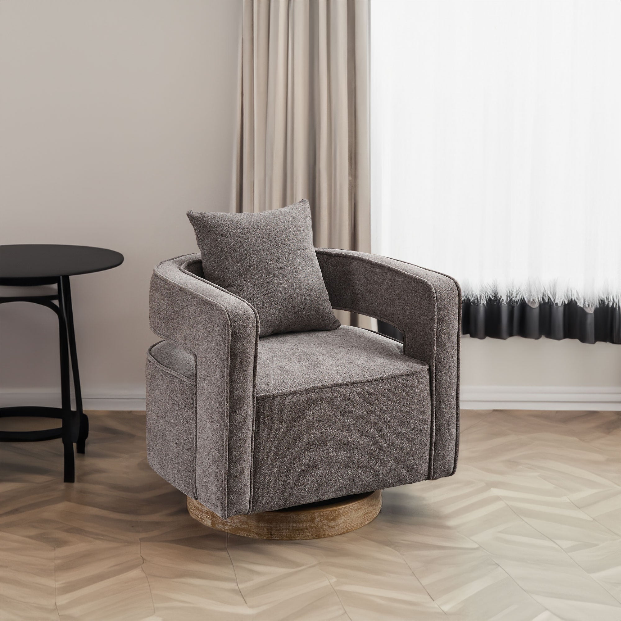29.1"W Swivel Accent Open Back Chair Modern Comfy Sofa Chair With Weathered Base (Charcoal,Linen Blend)
