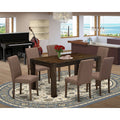 EAST WEST FURNITURE - CNAB7-77-47 - 7-Pc Dinette Room Set- 6 Dining Chairs and Rectangular Dining Table - Light Sable Linen Fabric Seat and High Chair Back (Distressed Jacobean Finish)