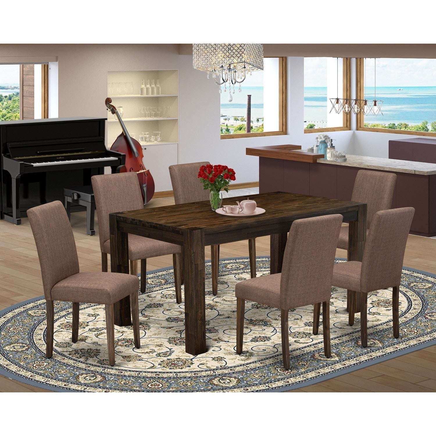 EAST WEST FURNITURE - CNAB7-77-47 - 7-Pc Dinette Room Set- 6 Dining Chairs and Rectangular Dining Table - Light Sable Linen Fabric Seat and High Chair Back (Distressed Jacobean Finish)
