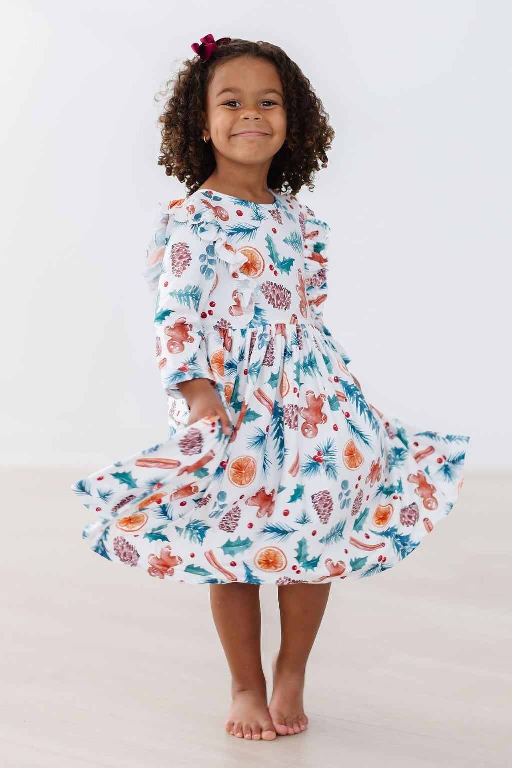 Classic Christmas 3/4 Sleeve Ruffle Twirl Dress