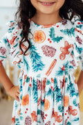 Classic Christmas 3/4 Sleeve Ruffle Twirl Dress