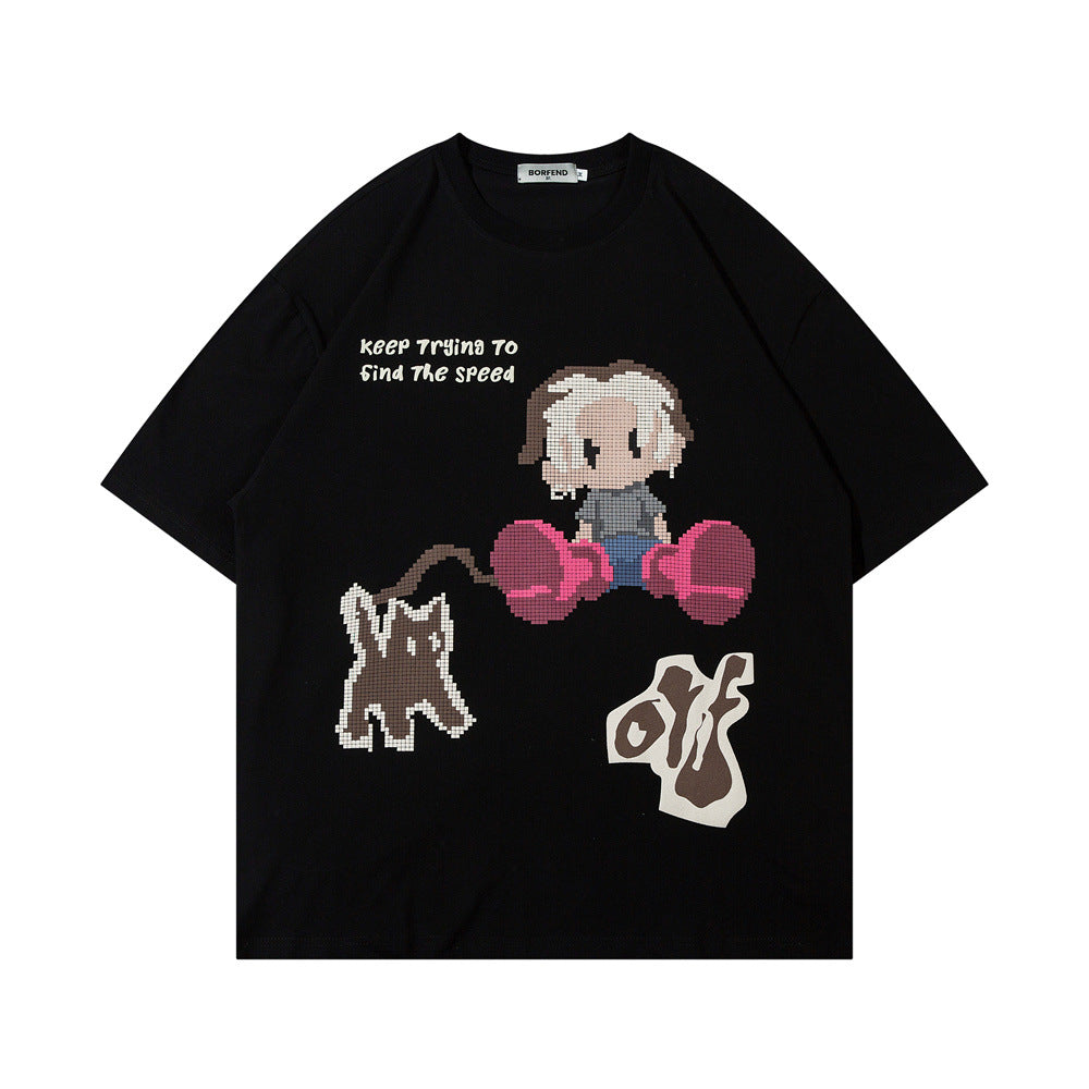 Fun Cartoon Anime Print Short Sleeve T-Shirt Men's High Street Trendy Half Sleeve Pure Cotton Round Neck Loose Tee