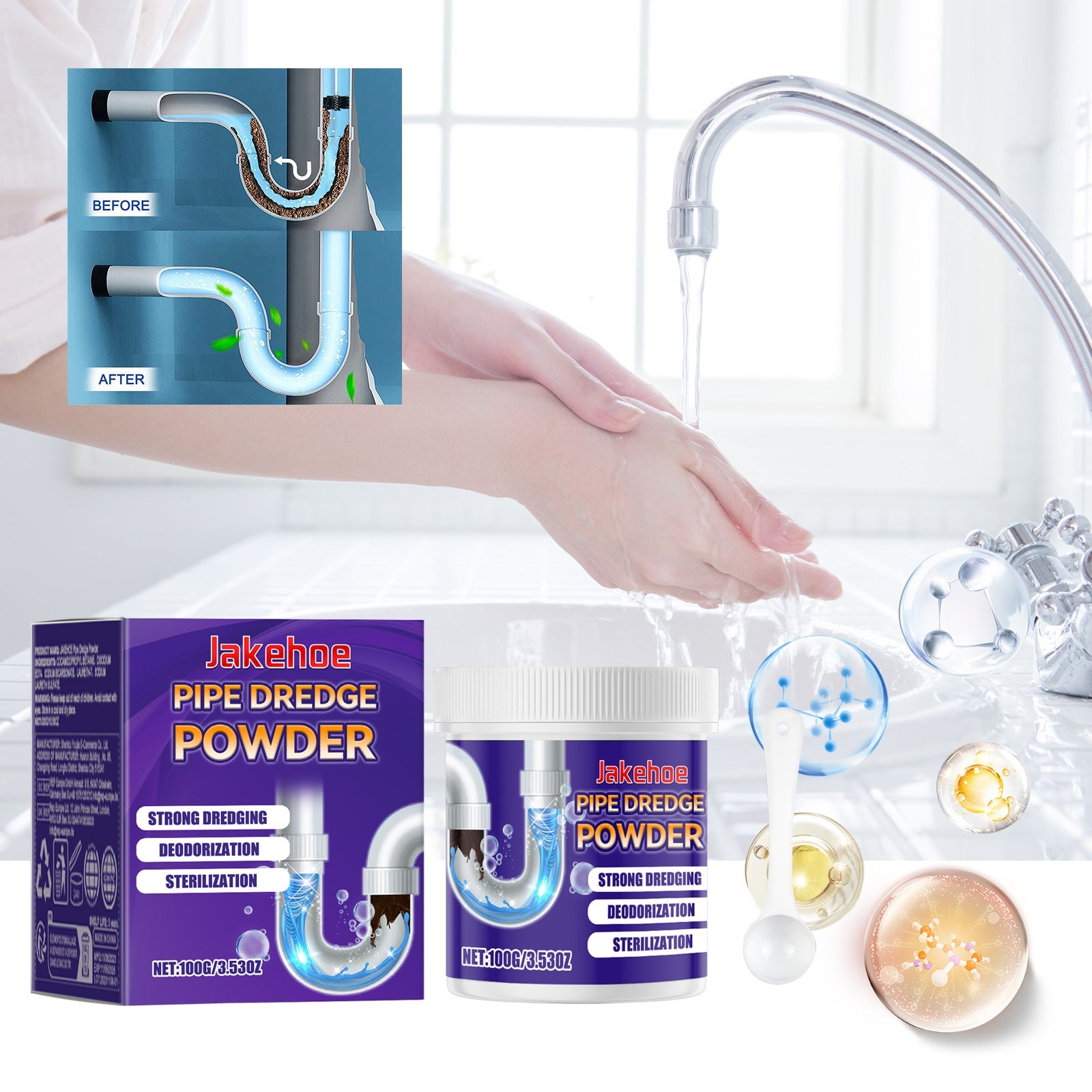 JAKEHOE Pipe Dredge Powder, Household Kitchen And Bathroom Drain Water Clogging Dredging Deodorizing Pipe Cleaning Powder