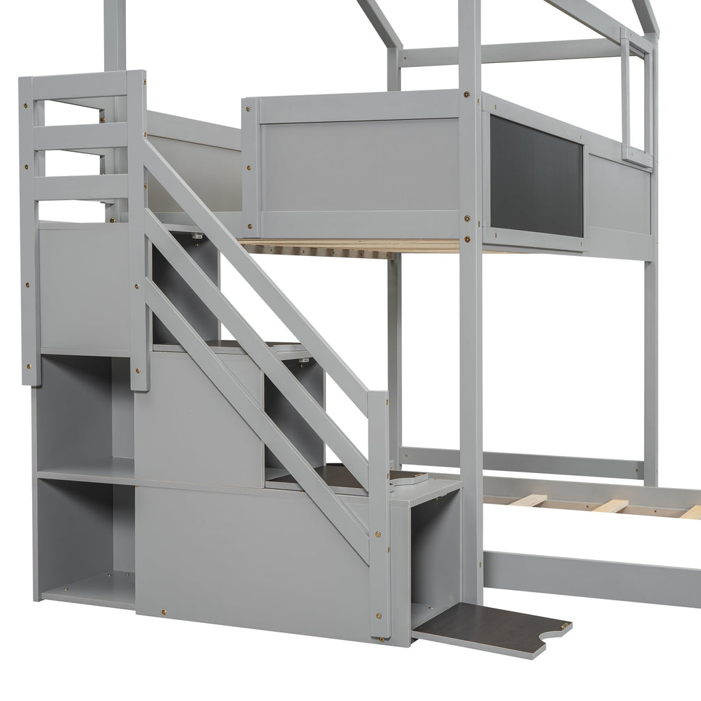 Twin over Full House Bunk Bed with Storage Staircase and Blackboard Gray