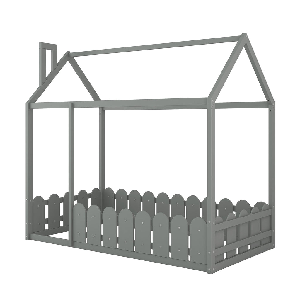{Slats are not included}Twin Size Wood Bed House Bed Frame with Fence for Kids Teens Girls Boys {Gray}
