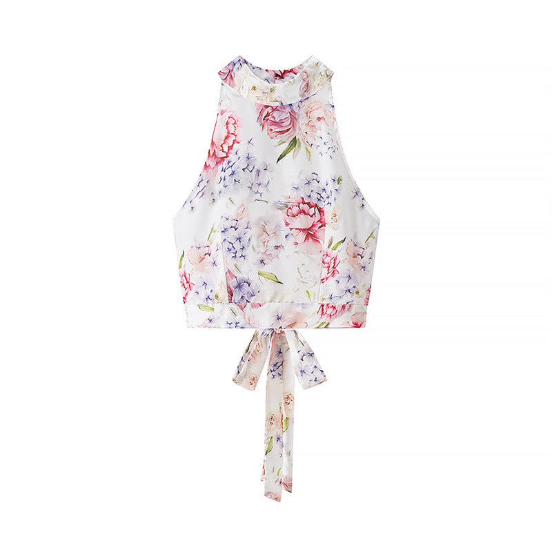 Fashionable and Sexy Halter Sleeveless Top with Floral Print Skirt