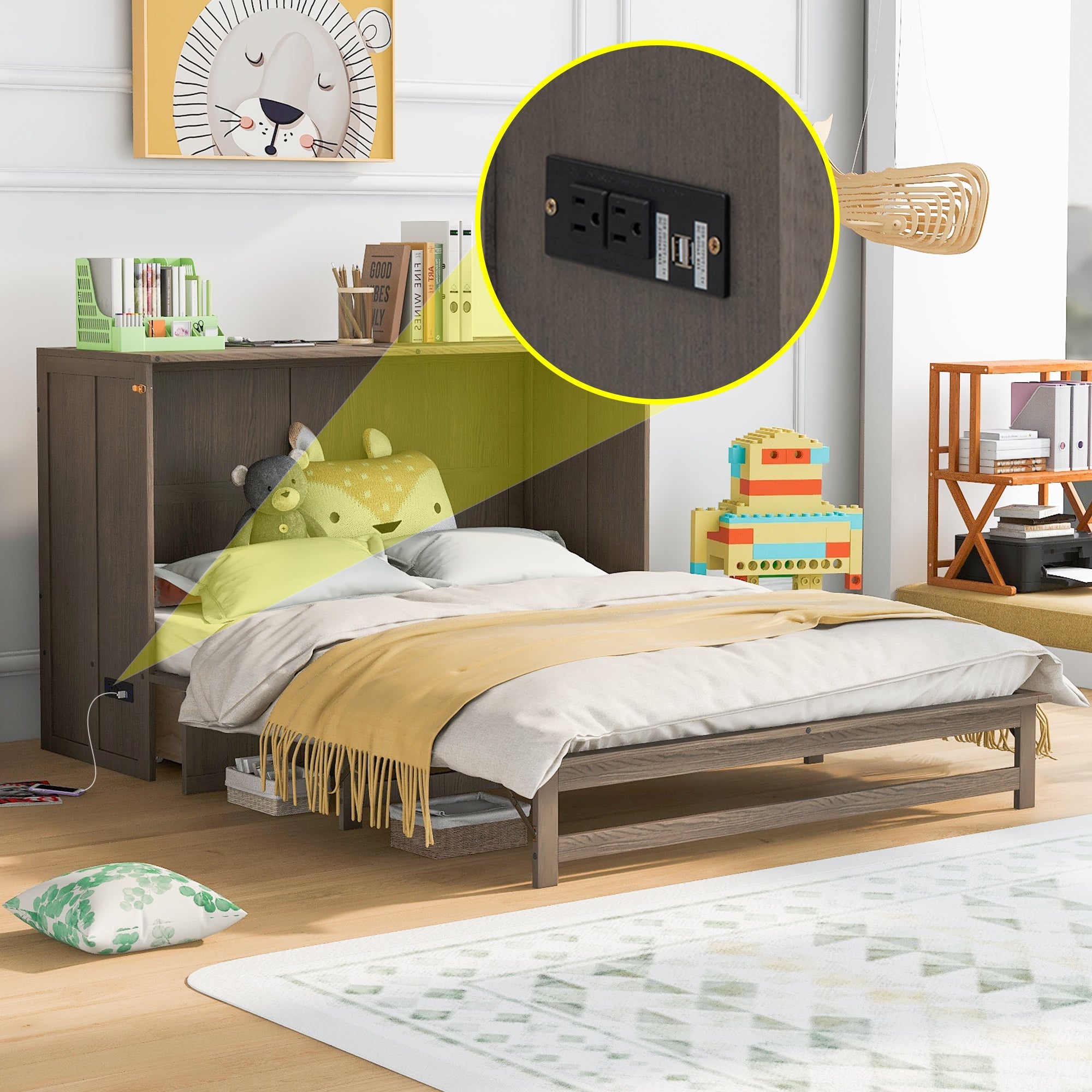 Queen Size Murphy Bed with Built-In Charging Station  Antique Grey