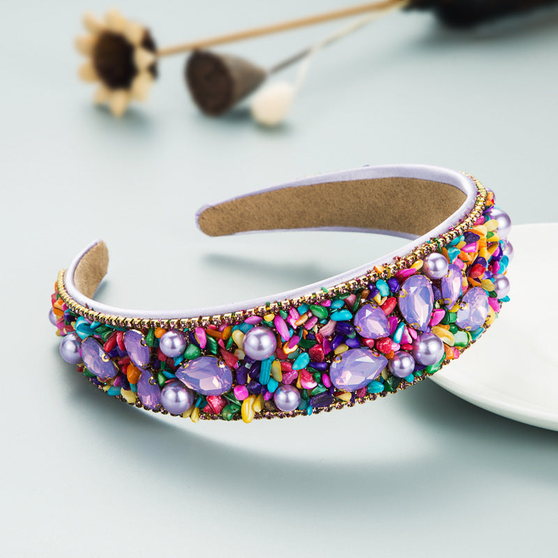 Personalized Design Colorful Turquoise Diamond Inlaid Wide Edge Fabric Candy Colored Headband Temperament Headwear