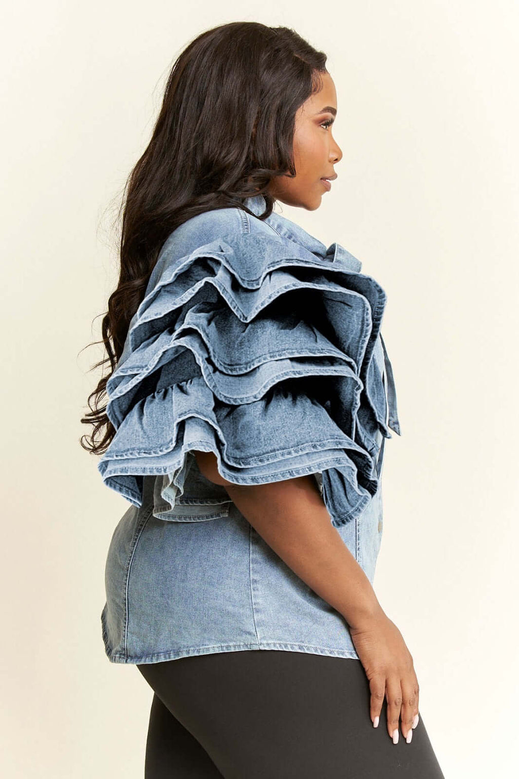 Denim Bow Blouse with Ruffle Sleeves {GREAT STRETCH}