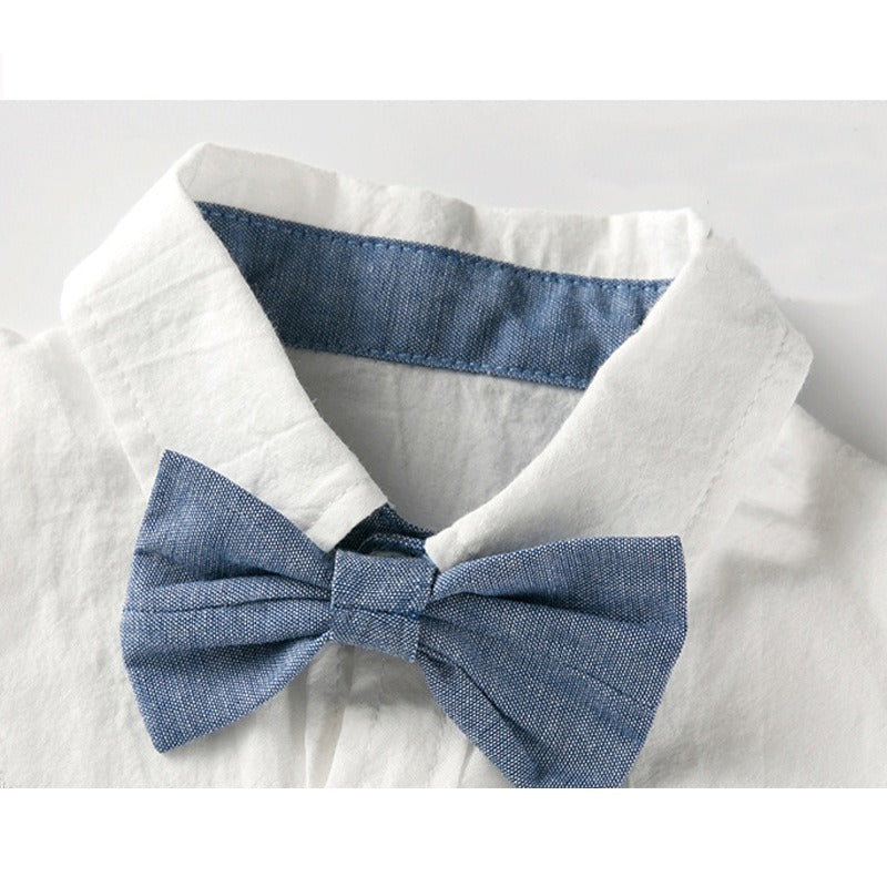 Male baby infant two-piece summer climbing suit with collar, gentleman's white shirt, overalls, tie dress, British style