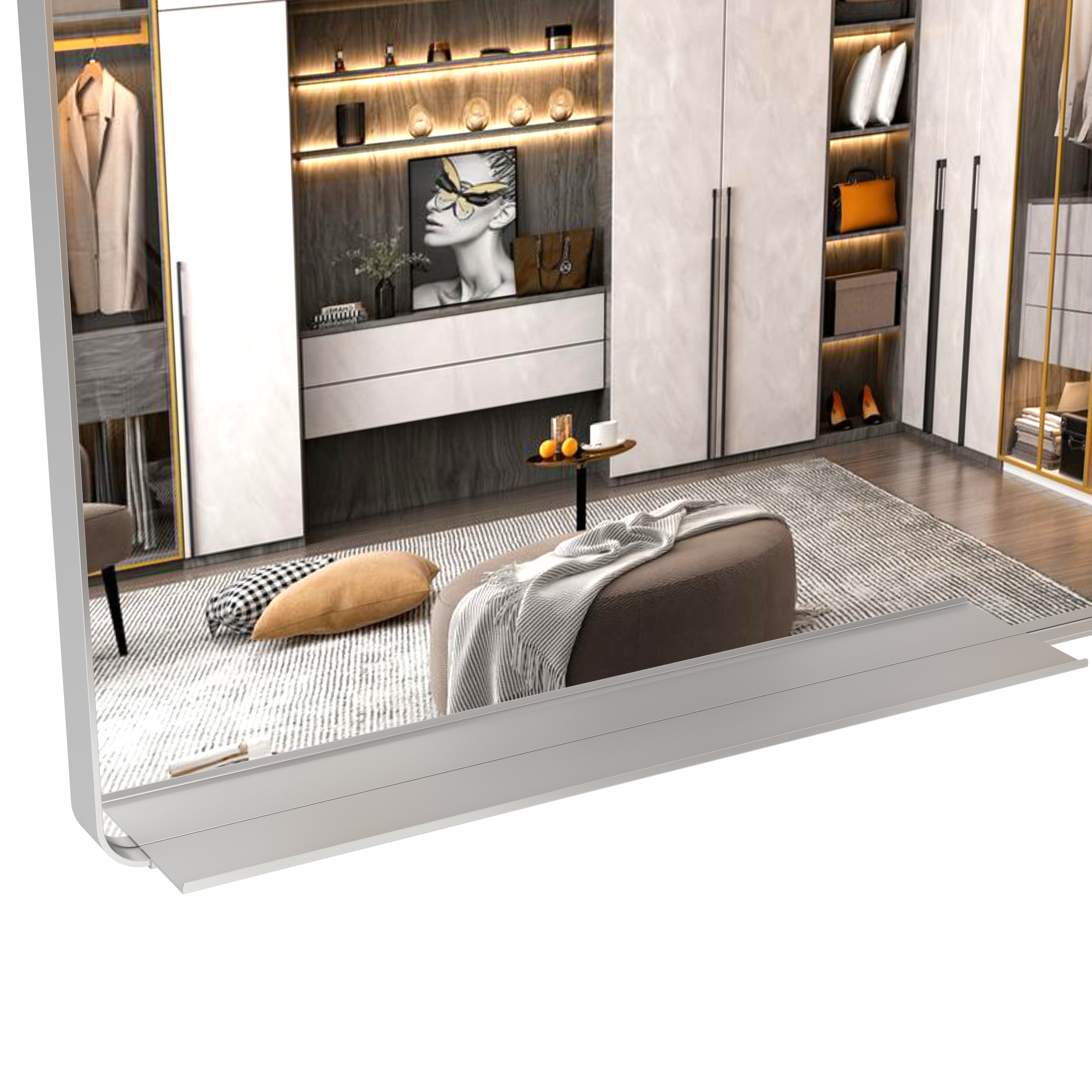 Large bathroom mirror with movable tray wall mounted mirror, vertically and horizontally suspended aluminum frame wall mounted m