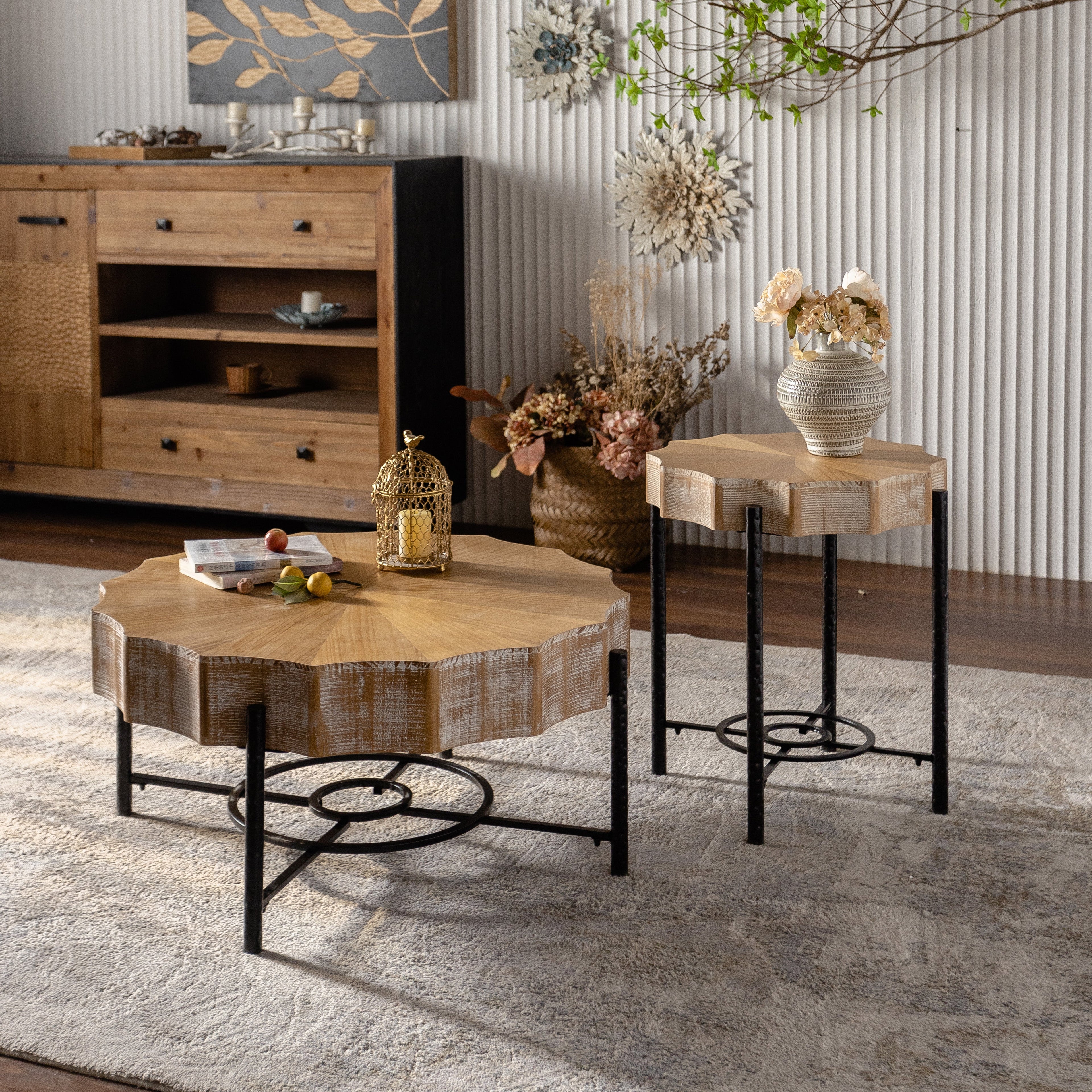 31.5 "Vintage Patchwork Lace Shape Coffee Table Cedar Coffee Table Set (Set of 2)