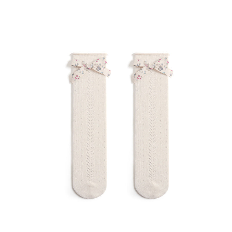 Hollow Mesh Floral Bow Princess Socks Combed Cotton Girls Stockings
