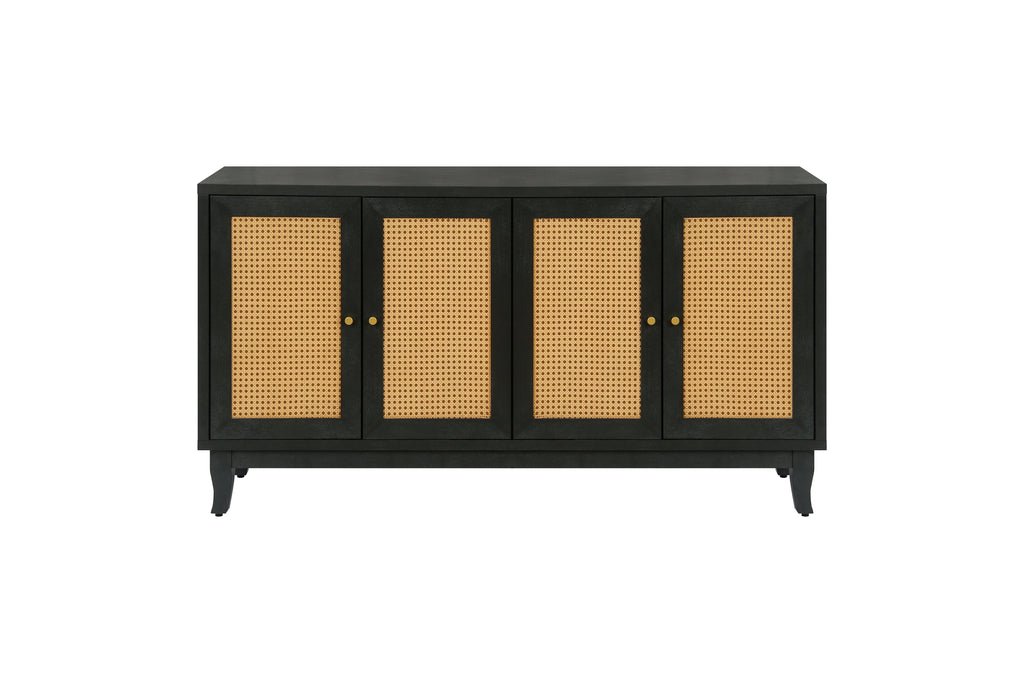 Handcrafted Premium Grain Panels Rattan Sideboard Buffer Cabinet Accent Storage Cabinet With 4 Rattan Doors BLACK