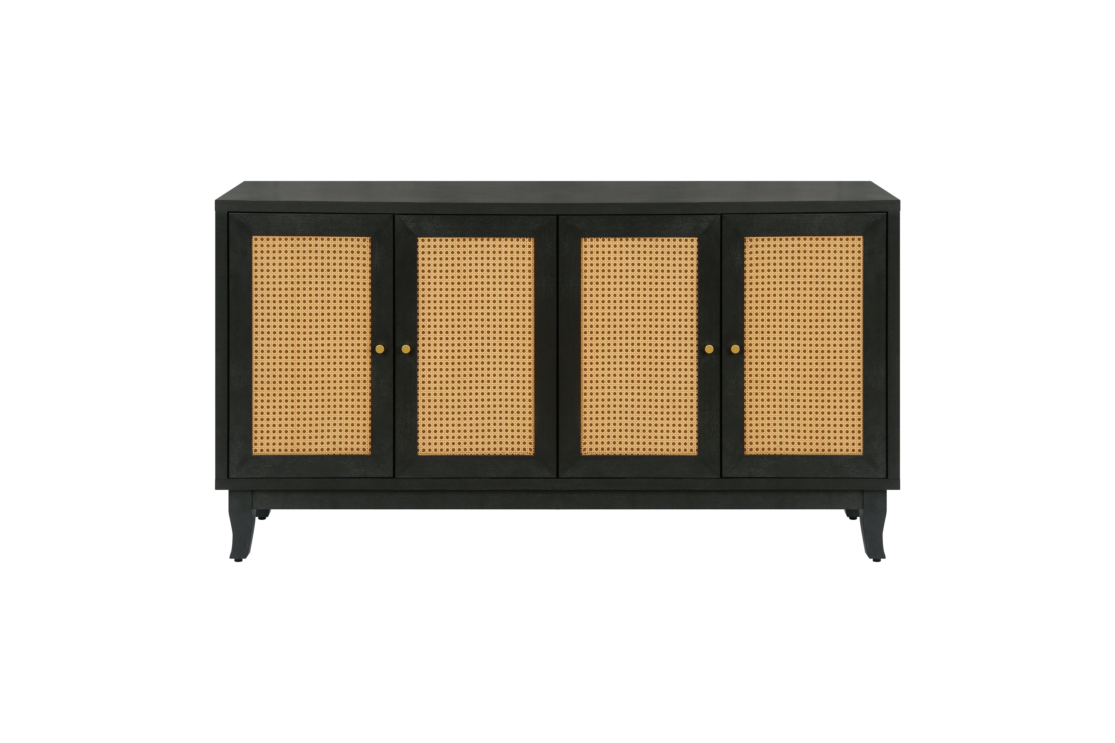 Handcrafted Premium Grain Panels Rattan Sideboard Buffer Cabinet Accent Storage Cabinet With 4 Rattan Doors BLACK