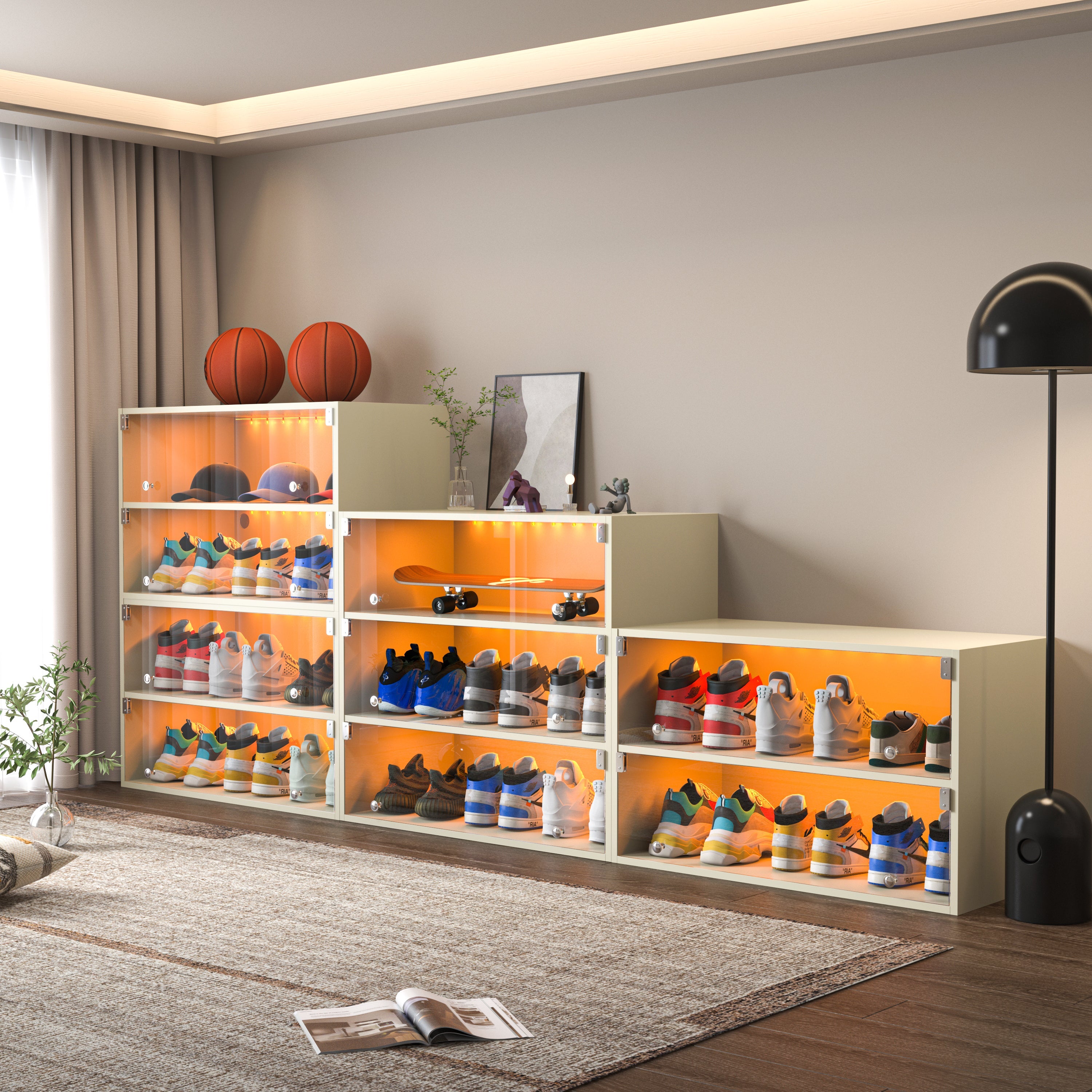 Off white LED light shoe box three layers with glass doors