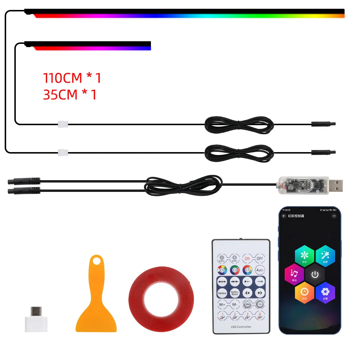 10 in 1 Car LED Acrylic Light Strip RGB Symphony Auto Interior Strip Lights Remote/APP Control Decorative Atmosphere Lamp