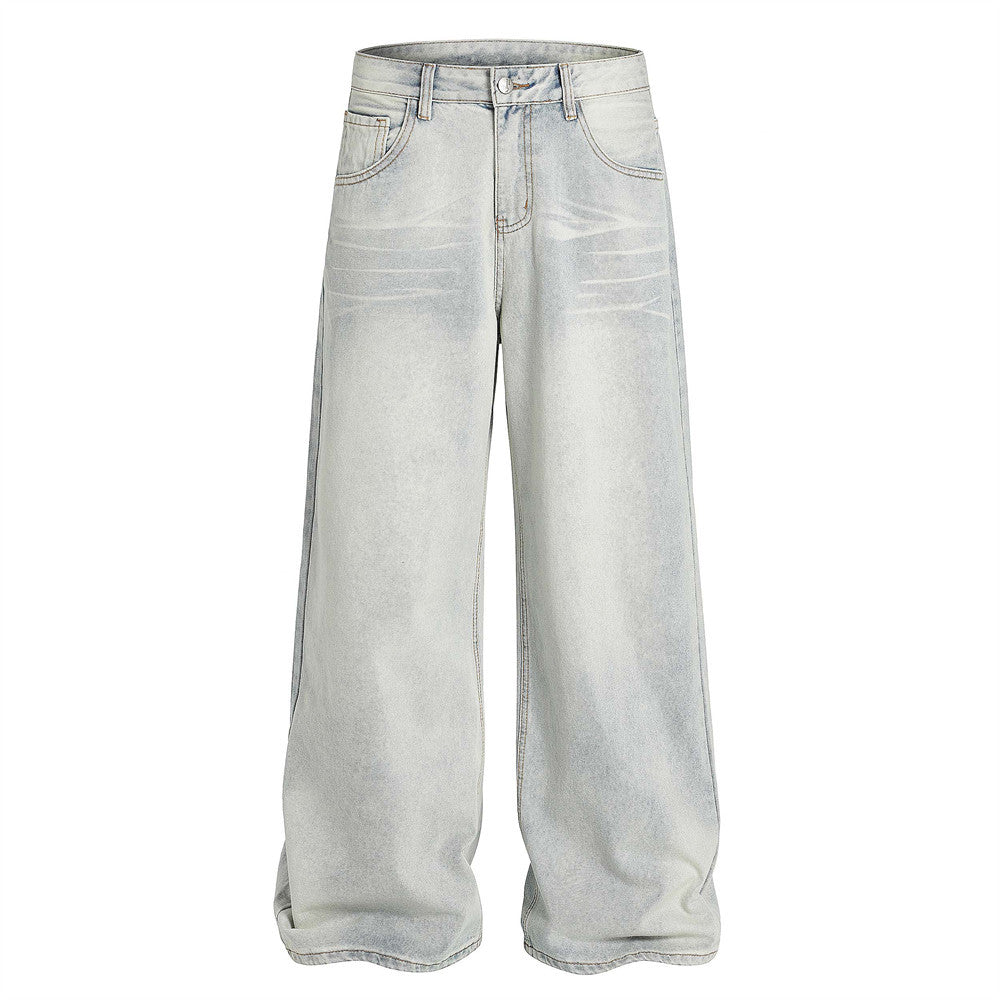 American Cleanfit Washed Denim Long Pants Men's Vintage Street Fashion Loose Straight Leg Distressed Wide Leg Dad Trousers