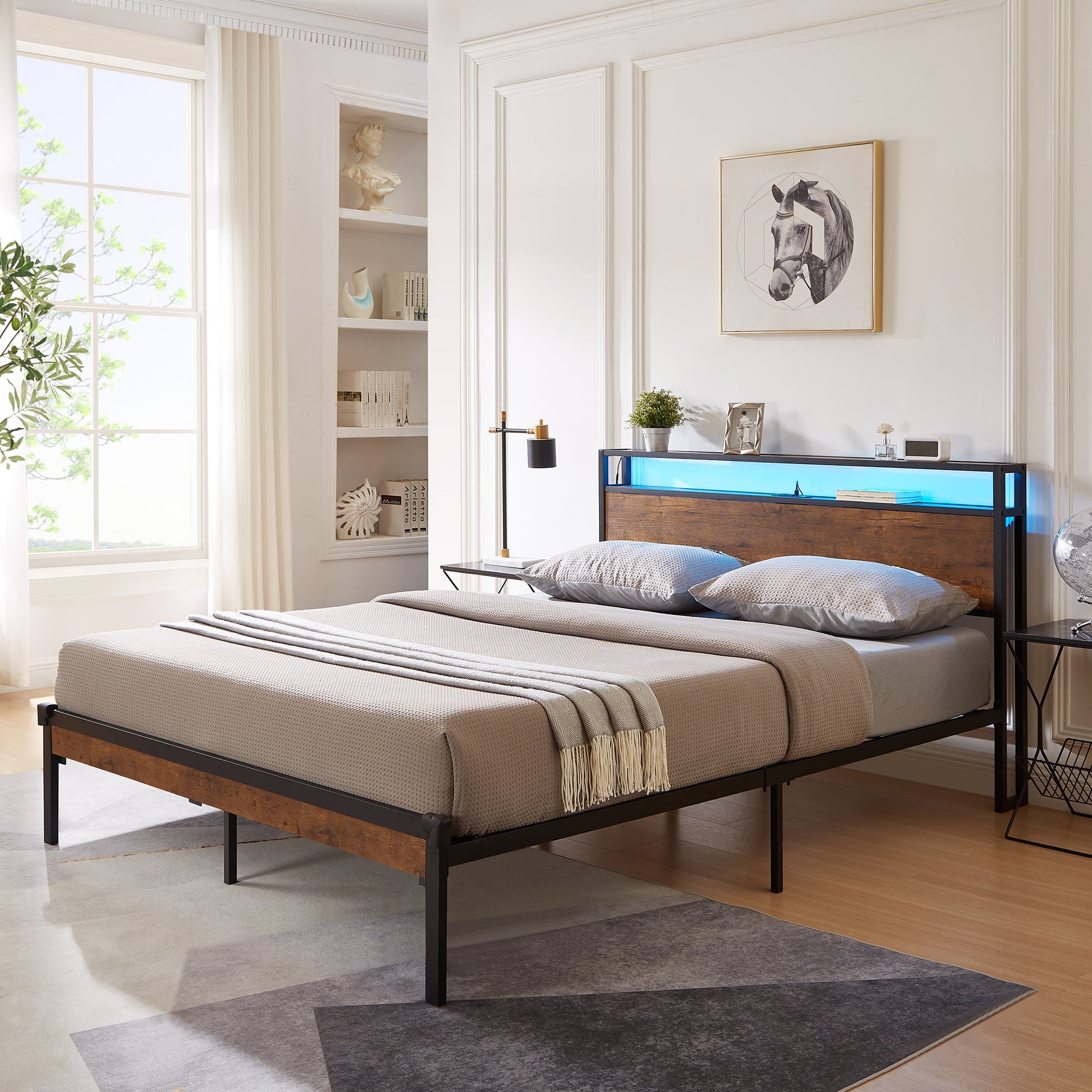 Extra large metal platform bed frame with wooden headboard and footrest, USB LINER, LED lights