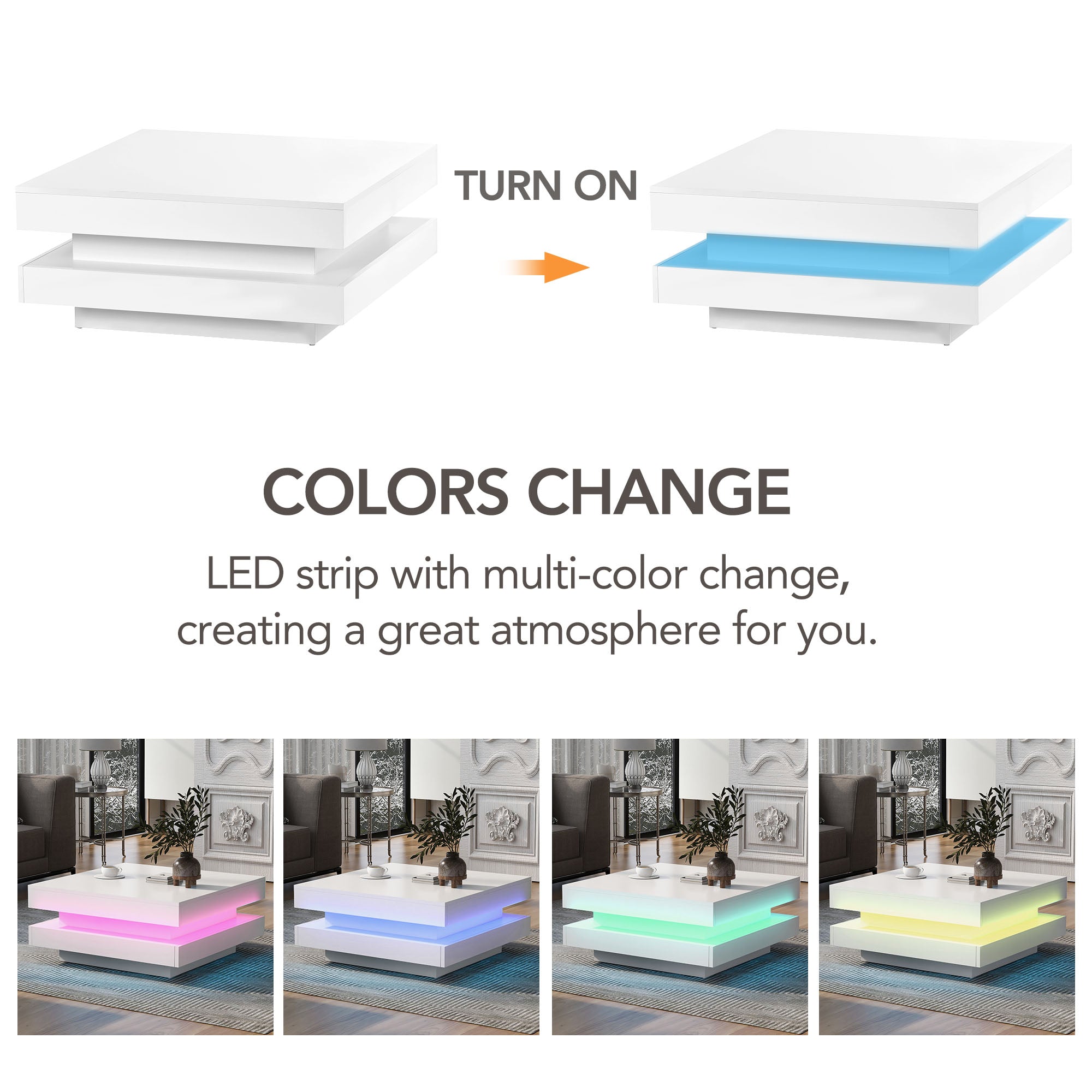 ON-TREND High Gloss Minimalist Design with LED Lights 2-Tier Square Coffee Table White