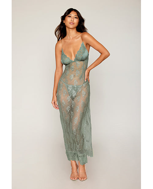 Satin & Lace Long Chemise & G-String- Sage Green Large