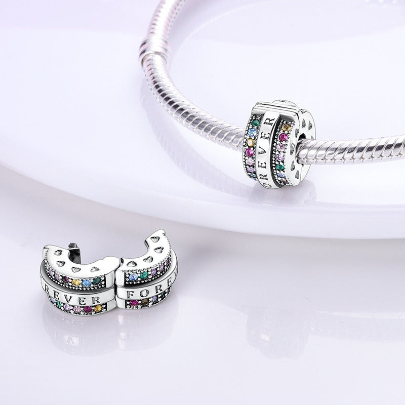 Copper plated S925 silver FOREVER colorful heart clip beads string DIY bracelet necklace