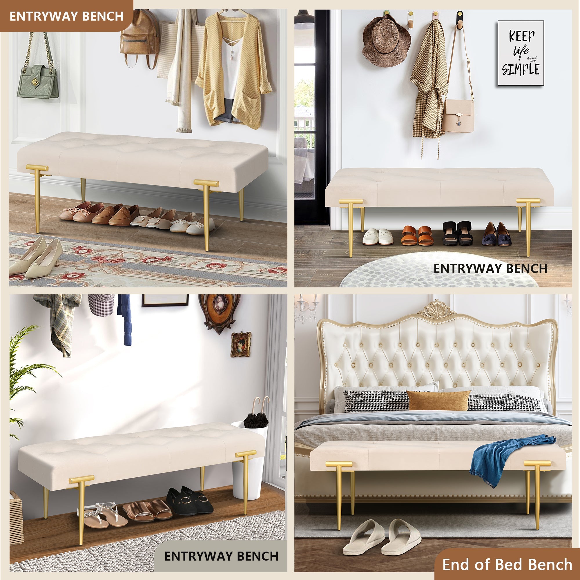 48'' Modern Ottoman Bench Velvet Bench Upholstered Footrest With Gold Metal Legs And Padded Seat For Bedroom Living Room