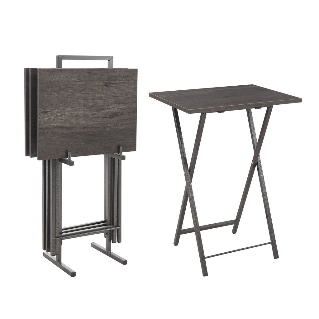 Folding office desk TV tray table set of 4 TV trays with storage rack wooden folding TV tray foldable snack table, rural gray