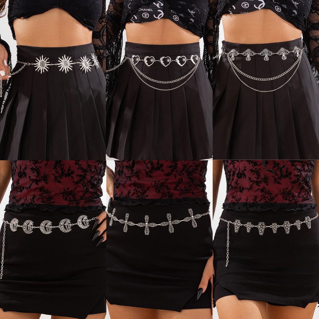 Gothic style spider web iron chain body chain retro carved sunflower alloy waist chain
