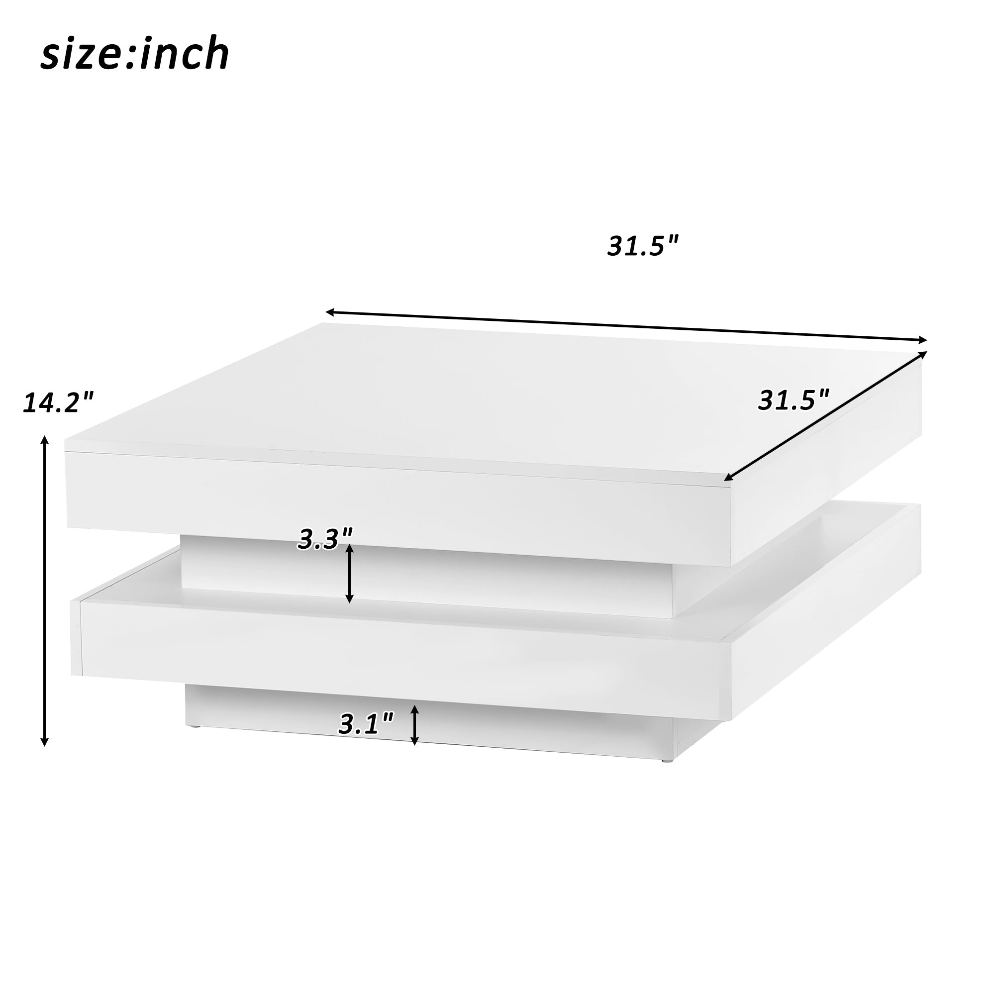 ON-TREND High Gloss Minimalist Design with LED Lights 2-Tier Square Coffee Table White
