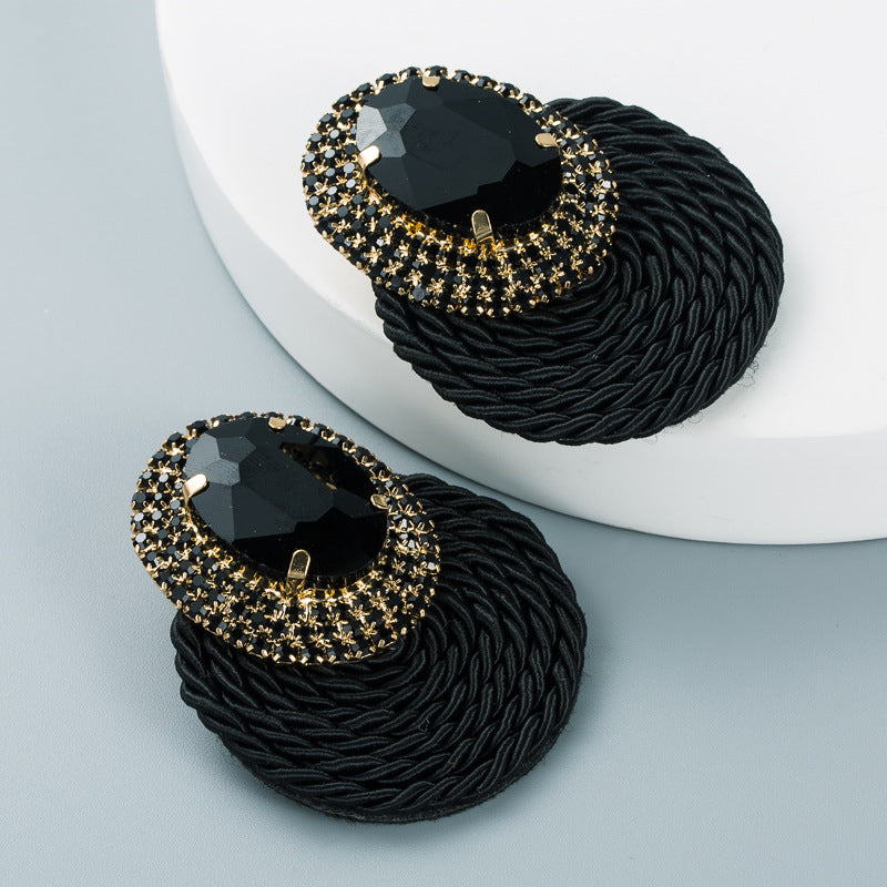 European And American Style Colored Diamond Series Personality Exaggerated Oval Glass Diamond Earrings Handmade Line Braided Earrings