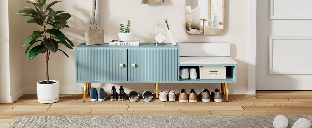 Modern Shoe Storage Bench with Hidden Storage and Upholstered Cushions for Bedside, Living Room and Entryway (Tiffany Blue)