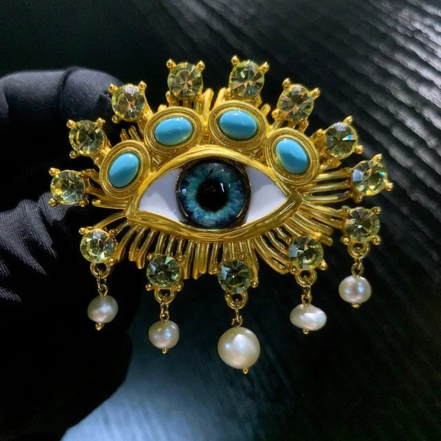 New Exaggerated Devil's Eye Brooch Baroque Pearl Tassel for Men Women Unisex Pin Jewelry European And American Vintage