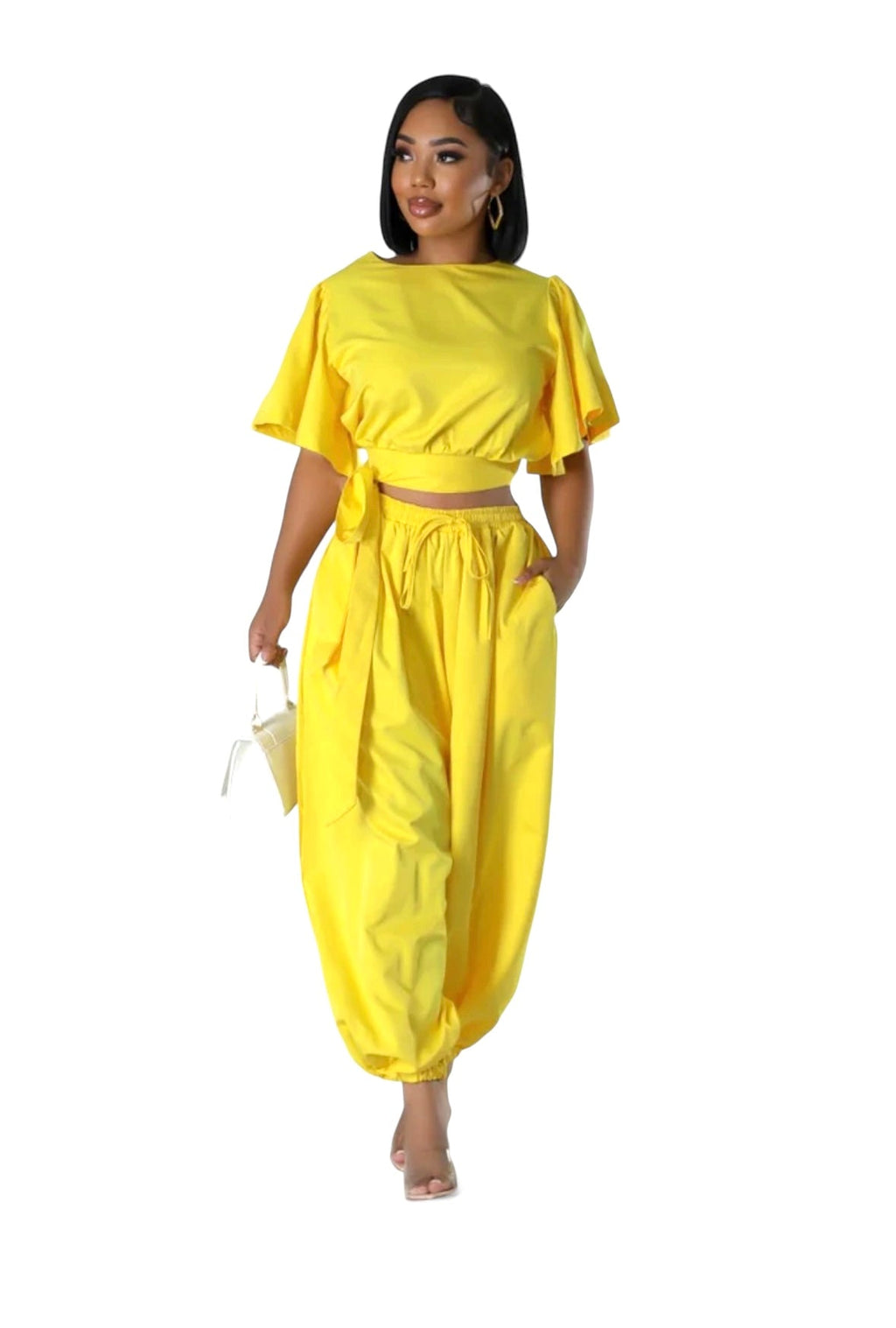 Ruffle Short Sleeve Crop Top & Jogger Pants Set