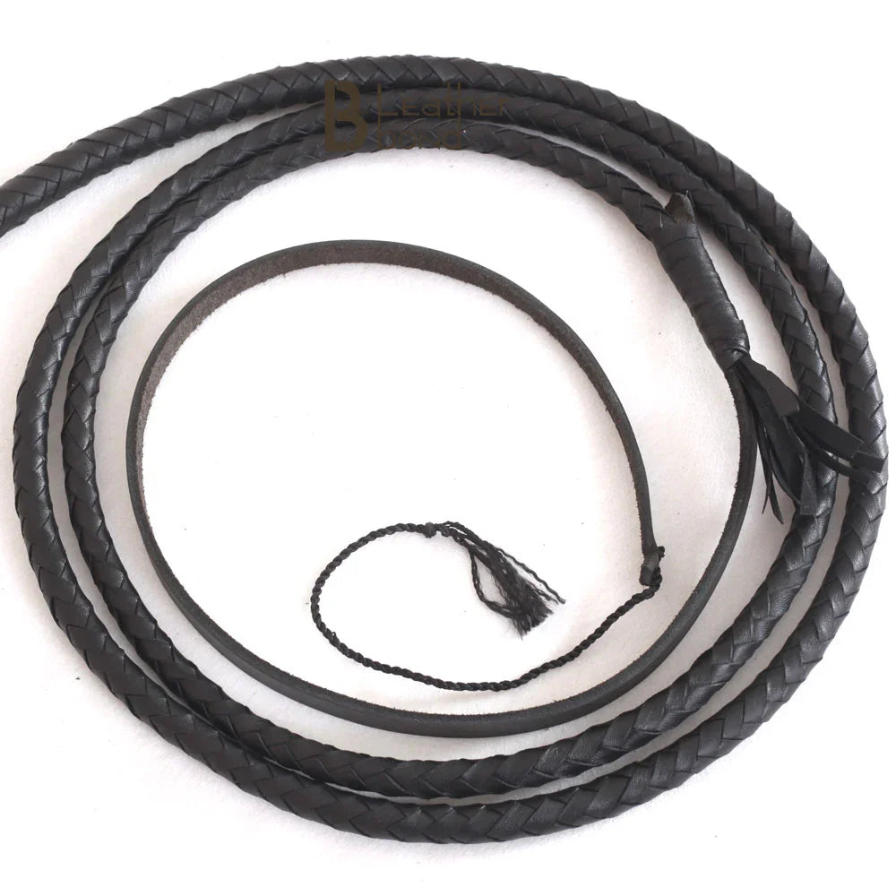 Black Leather Bullwhip 3ft, 4ft, 6ft & 8ft – 8 Plait Handmade Real Cowhide Rope Core Whip