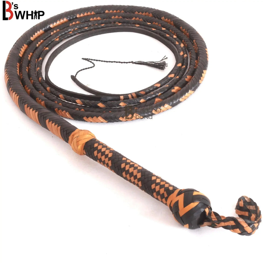 Bull Whip 6, 8, 10, 12, 14 & 16 Feet long 16 Strands Kangaroo Hide Tan Black Leather Equestrian Bullwhip Leather Belly and Bolster Inside, Indiana Jones
