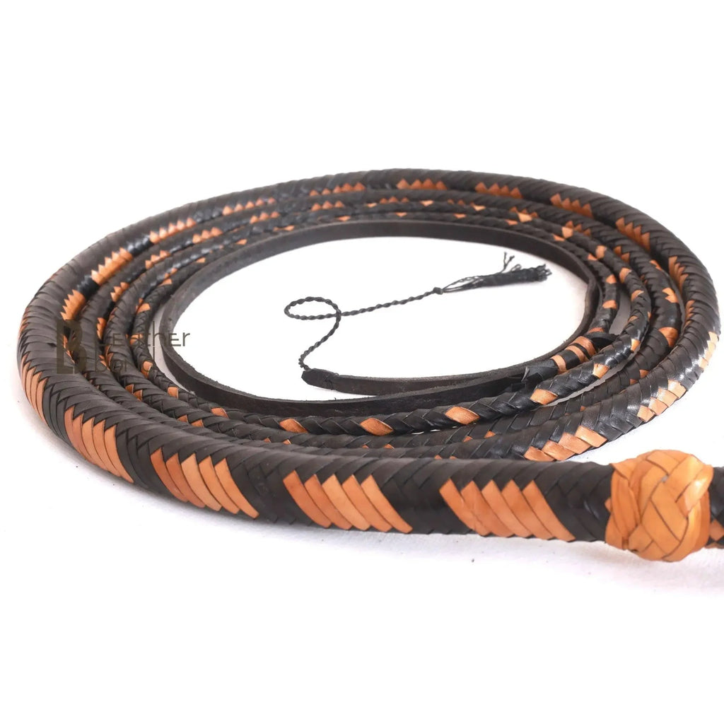 Bull Whip 6, 8, 10, 12, 14 & 16 Feet long 16 Strands Kangaroo Hide Tan Black Leather Equestrian Bullwhip Leather Belly and Bolster Inside, Indiana Jones