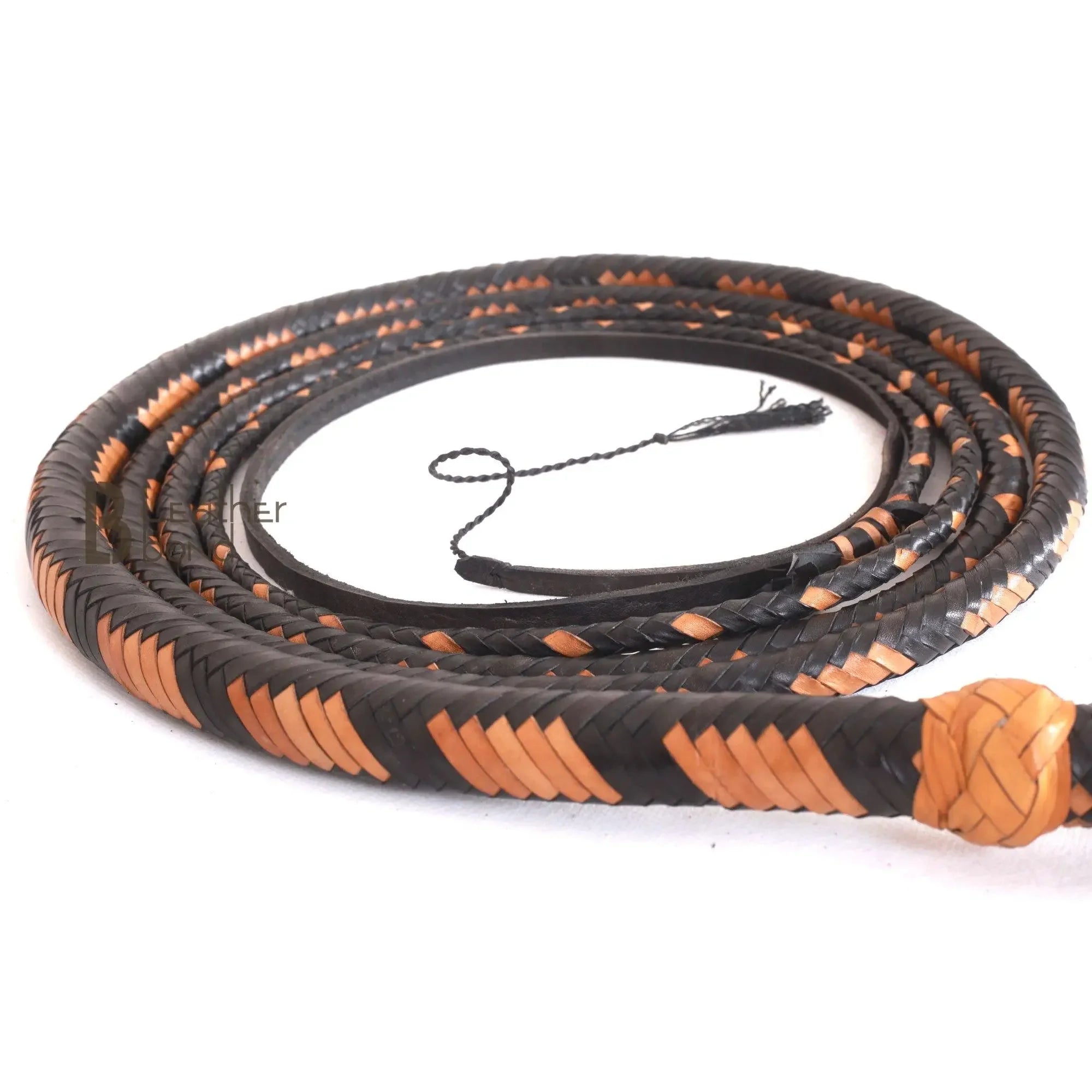 Bull Whip 6, 8, 10, 12, 14 & 16 Feet long 16 Strands Kangaroo Hide Tan Black Leather Equestrian Bullwhip Leather Belly and Bolster Inside, Indiana Jones