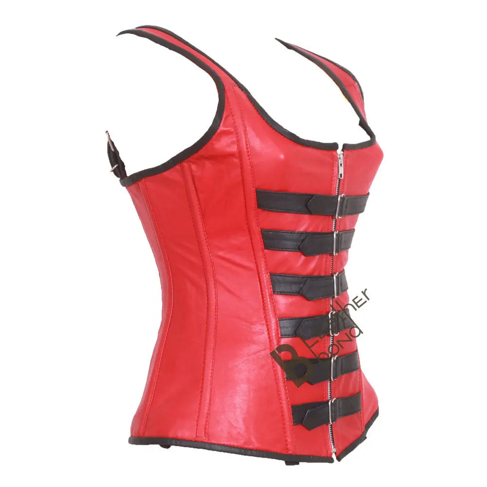Genuine Real Sheep Leather & Stainless Steel Spiral Bones Over Bust Corset Red