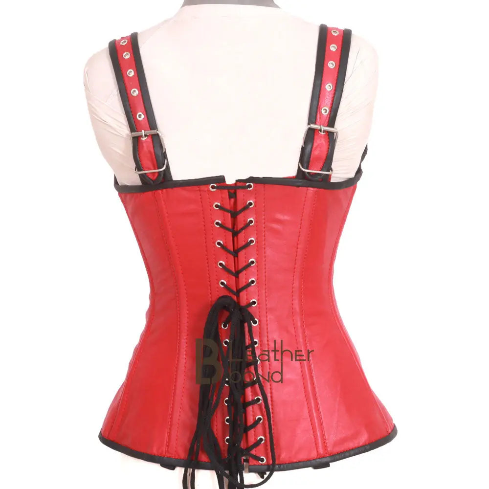 Genuine Real Sheep Leather & Stainless Steel Spiral Bones Over Bust Corset Red