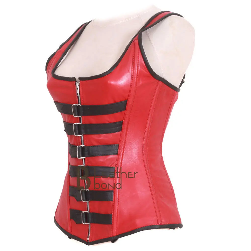 Genuine Real Sheep Leather & Stainless Steel Spiral Bones Over Bust Corset Red