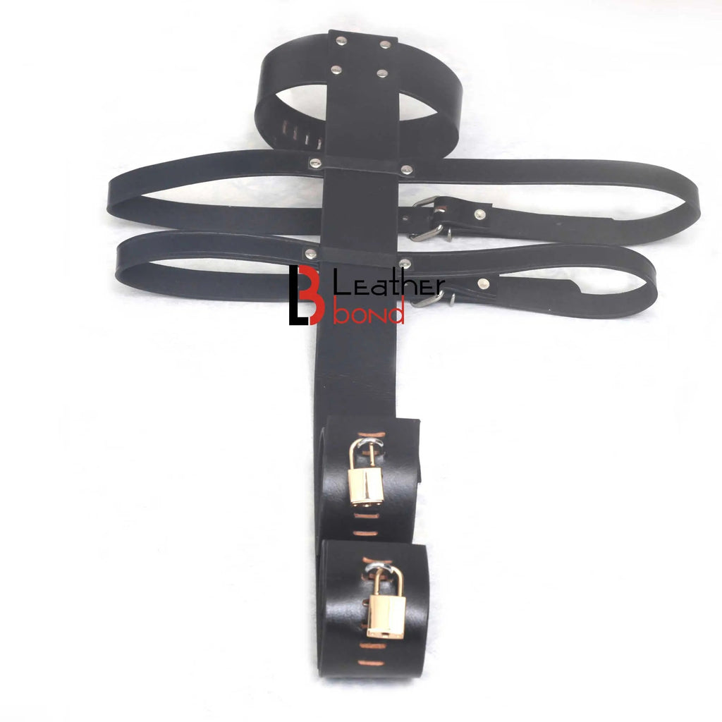 Cowhide Leather Armbinder Locking Collar & Wrist Restraints Back Slave BDSM Restraint Set