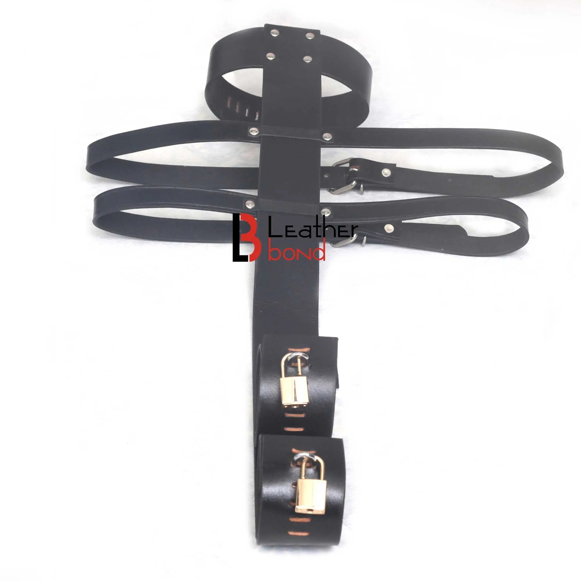 Cowhide Leather Armbinder Locking Collar & Wrist Restraints Back Slave BDSM Restraint Set