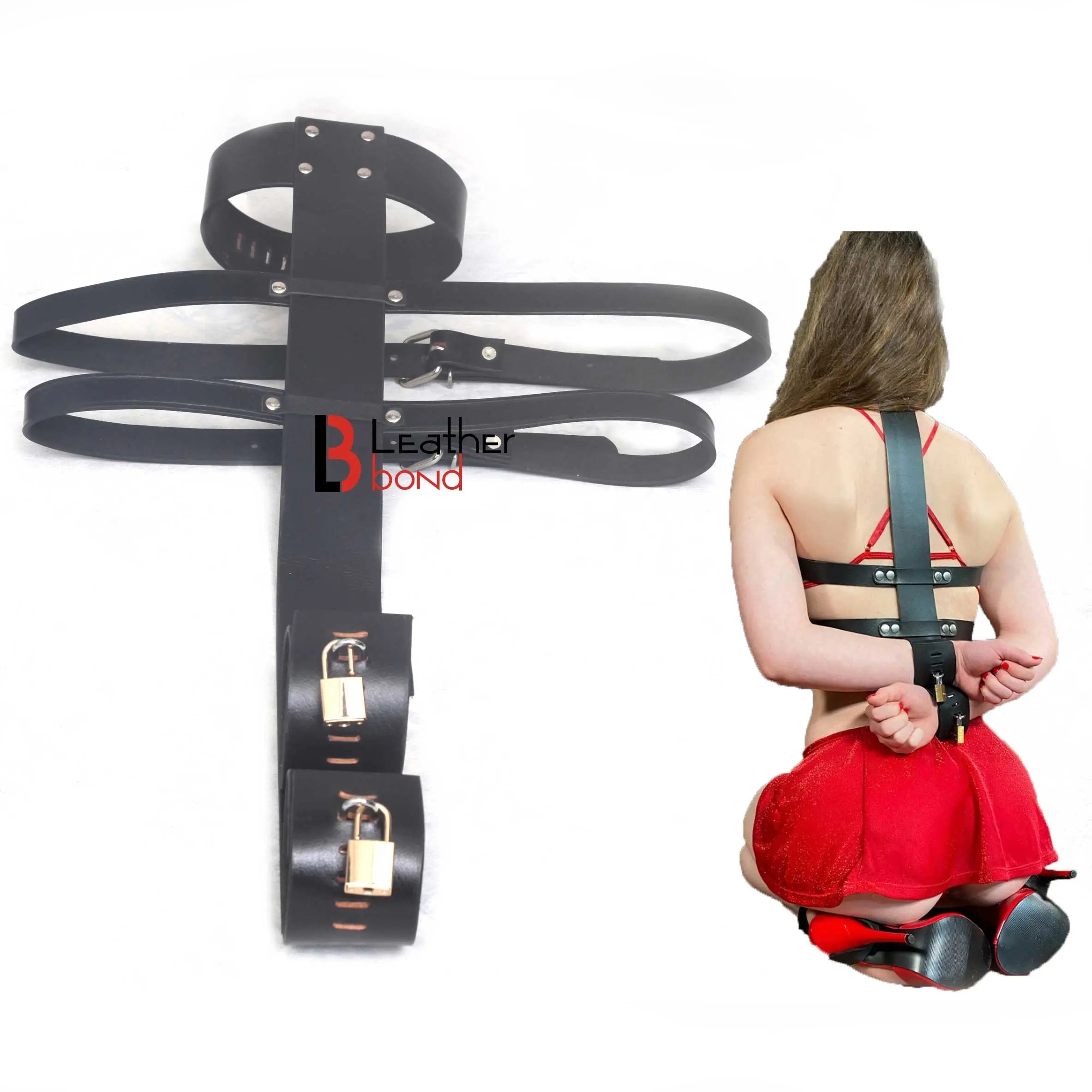 Cowhide Leather Armbinder Locking Collar & Wrist Restraints Back Slave BDSM Restraint Set