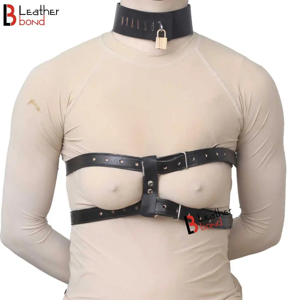 Cowhide Leather Armbinder Locking Collar & Wrist Restraints Back Slave BDSM Restraint Set