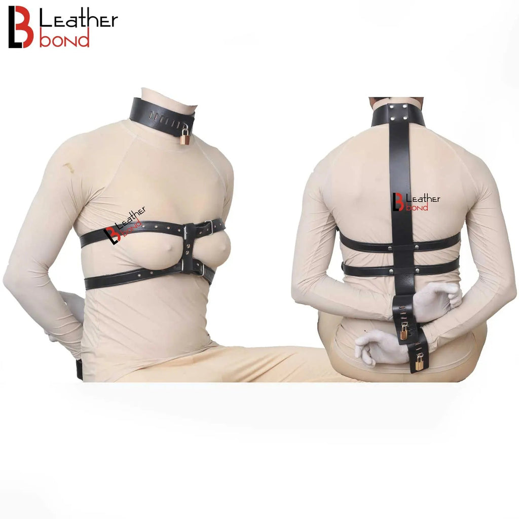 Cowhide Leather Armbinder Locking Collar & Wrist Restraints Back Slave BDSM Restraint Set